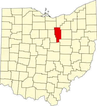 Mapa de Ohio con la ubicación del condado de Ashland