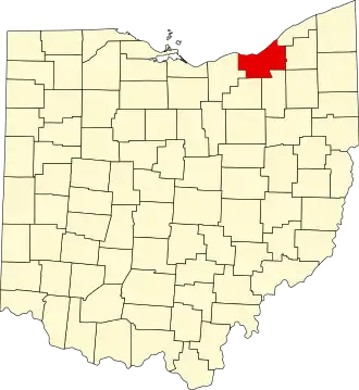 Mapa de Ohio con la ubicación del condado de Cuyahoga