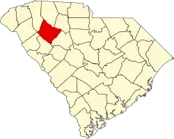 Mapa de Carolina del Sur con la ubicación del condado de Laurens