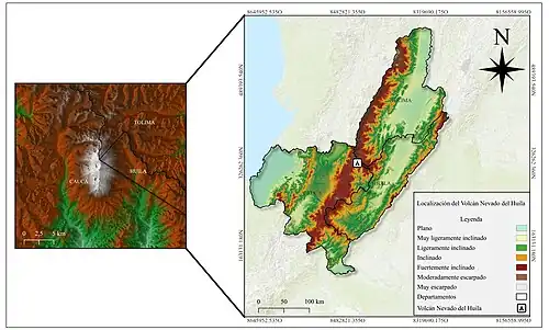 Ubicación del Nevado del Huila a nivel departamental. Este se encuentra ubicado en las fronteras de los departamentos del Cauca,&nbsp;Tolima&nbsp;y&nbsp;Huila.