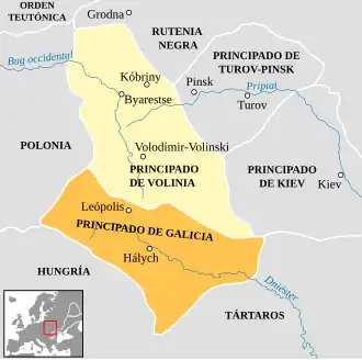 Mapa del Principado de Hálych en el siglo XIII, que formó el núcleo de lo que es Galicia