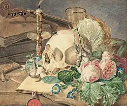 Vanitas con bouquet floral, calavera, reloj de bolsillo y vela apagada (1862), de Maria Margaretha van Os
