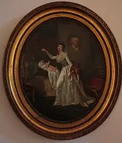 Autorretrato de cuerpo entero, con su hijo de un año en la cuna y una paleta de pintora en una de sus manos.