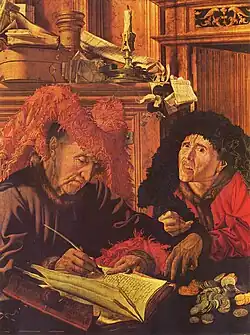 Los dos prestamistas, de Marinus van Reymerswaele, ca. 1540. Compárese con El cambista y su mujer, de Quentin Massys, ca. 1514.