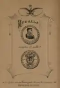 Escudo representado en el reverso de las medallas entregadas al pueblo de Guanajuato durante las celebraciones por la coronación del emperador Agustín I y Ana María Huarte en noviembre de 1822.