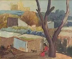 "Paisaje y personaje", óleo sobre fibra de 46 x 56 cm