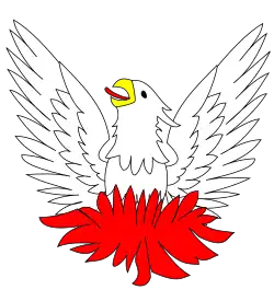 Fénix emisora (issuant), alas desplegadas y elevadas, saliendo de su nido de fuego