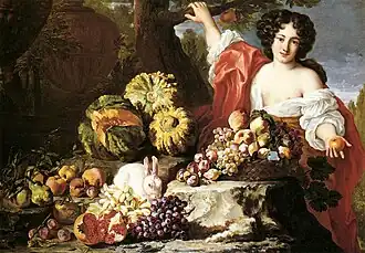 Calabazas, peras, conejo, cesto con frutas y una figura femenina, colección privada