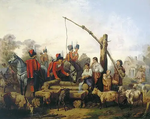 Vida de húsares dando de beber a los caballos (1853)