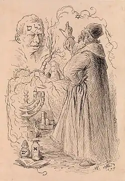 Rabbi Judah Loew creando el Golem, que lleva escrita sobre su frente la palabra hebrea Guelem (גלם—que sugiere la noción de "materia prima"). Ilustración de Mikoláš Aleš, 1899.