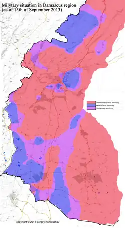 Situación en la región de Damasco en septiembre de 2013. De nuevo, se observa la región de Qalamun controlada por rebeldes.