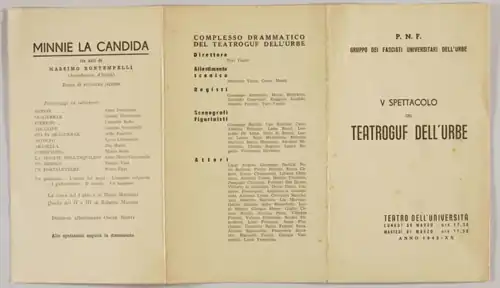 Portada de la obra de teatro Minnie la candida (1926) de Massimo Bontempelli. Dirección de Ruggero Jacobbi; TeatroGUF dell'Urbe.
