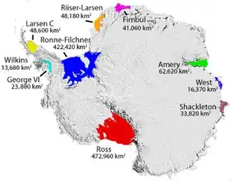 Mapa de las plataformas de hielo. En el lado este aparece la barrera de Shackleton