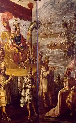 Moctezuma, detalle del biombo Encuentro de Moctezuma y Hernán Cortés, Colección Banamex, Palacio de los Condes de San Mateo de Valparaiso, Ciudad de México