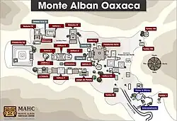 Mapa ilustrado del sitio arqueológico de Monte Albán con etiquetas que identifican plataformas, edificios ceremoniales, tumbas, estelas, museo y entrada. Incluye una brújula direccional y el logotipo del Monte Albán Heritage Center.