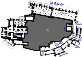 Plano del primer nivel, o piso, de la abadía y los edificios anexos.