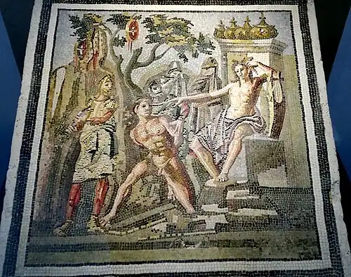 Emblema de mosaico: Apolo y Marsias (taller romano, siglo I&nbsp;a.&nbsp;C.)