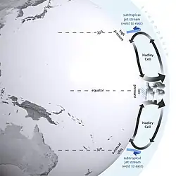 Sección transversal que muestra el movimiento vertical y meridional del aire alrededor de las células de Hadley en los hemisferios norte y sur