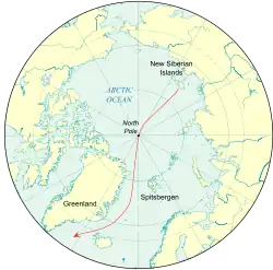 Portion of the globe centred on the North Pole, showing the continental masses of Eurasia and America, also Greenland, Spitsbergen and the New Siberian Islands. The theoretical drift is shown by a line from the New Siberian Islands, through the North Pole and then reaching the Atlantic Ocean by passing between Spitsbergen and Greenland.