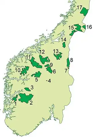Mapa de los parques nacionales en la zona sur de Noruega; el Blåfjella-Skjækerfjella es el número 15.