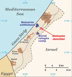 A map showing part of Israel, and to the west, the Gaza Strip and the Mediterranean Sea. To the south, part of Egypt is shown.