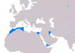 Distribución histórica de Numenius tenuirostris por todo el norte y noreste de África, sur y sureste de Europa, junto con el mar Mediterráneo.