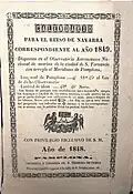 Calendario para el reino de Navarra (1848). El título mantiene el rango de "reino" a pesar de que Navarra había dejado de serlo siete años antes.