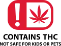 Símbolo de un rectángulo rojo redondeado que contiene un cuadrado blanco con una hoja de marihuana roja a la derecha y un signo de exclamación blanco sobre fondo rojo a la izquierda. En texto negro las palabras "Contains THC Not Safe For Women or Pets".