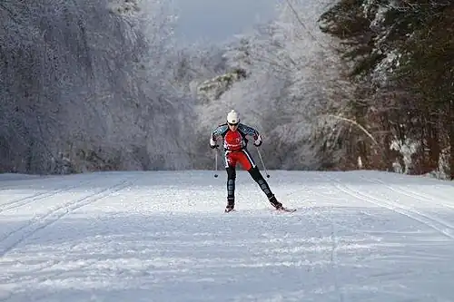 Un esquiador de patinaje en el Parque Gatineau, Quebec, una pista de esquí preparada de Norteamérica.