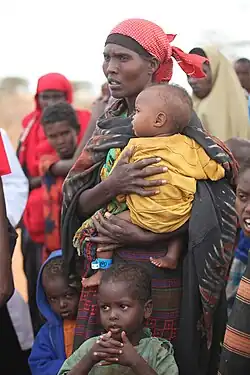 Mujeres y niños esperando entrar al campo de Dadaab en Kenia. Una de las miles de familias de refugiados que han llegado recientemente de Somalia huyendo de la sequía y el conflicto.