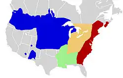 alt=Área de distribución de las cuatro subespecies C. picta picta C. picta marginata C. picta dorsalis C. picta bellii