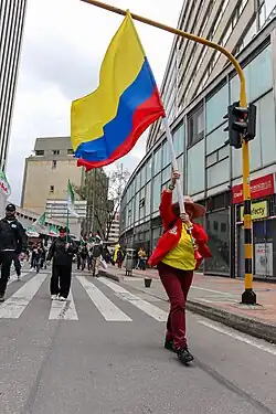 Una mujer ondea una bandera colombiana durante una marcha en Bogotá el 28 de mayo