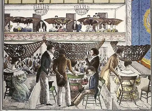 César Hipólito Bacle. Peinetones en el teatro, c. 1834.