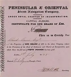 Acción de la Peninsular & Oriental Steam Navigation Company por 50 £, emitida en Londres el 1 de julio de 1845