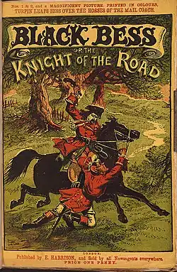 Portada de un libro titulado "BLACK BESS or the KNIGHT OF THE ROAD". Un hombre vestido de rojo cabalga un caballo negro, a mitad de un galope, por un bosque. Otro hombre sostiene las riendas y parece que está siendo arrastrado.