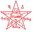 Pentáculo. Sexto Libro de Moisés, en su centro aparece la palabra plural hebrea Elohim -Potestades- uno de los nombres hiperbólicos que se le da al Uno y Único D´s.