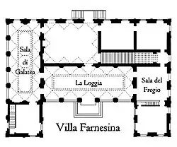 Planta de la Villa Farnesina (Roma). Sin cortile interno, la fachada porticada queda flanqueada por dos alas laterales que delimitan un espacio rectangular cerrado por tres lados y abierto por el cuarto, precedente de lo que será la cour d'honneur de los grandes palacios.