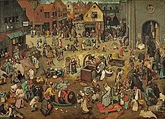 Pieter Brueghel el Viejo, El combate entre Don Carnaval y Doña Cuaresma (1559). Esta obra representa la inversión simbólica del orden social y religioso, donde lo grotesco, lo festivo y lo popular se enfrentan a la solemnidad institucional. La pintura encarna la “segunda vida” del pueblo que Bajtín describe como esencial en la cultura carnavalesca.