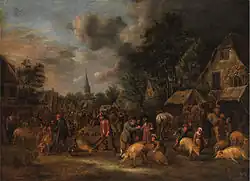 Mercado de cerdos en una ciudad holandesa por Nicolaes Molenaer, siglo XVII.