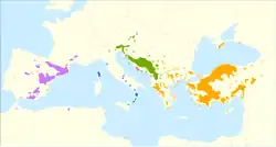 alt=Distribución de Pinus nigra Subsp. salzmannii. : Subsp. laricio. : Subsp. nigra. : Subsp. dalmatica. : Subsp. pallasiana.