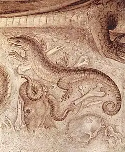 La salamandra entre los restos esparcidos por la guarida del dragón.