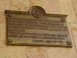 Placa conmemorativa a la primera Junta de fomento de la Semana Santa de Zamora