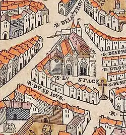 La iglesia de San Eustaquio sobre el plano de Truschet y Hoyau (1550)