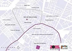 La imagen describe la situación del Barrio Carmelitas-Oeste y sus límites