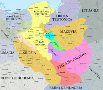 Polonia alrededor de 1275 a 1300, y frontera con Lituania.
