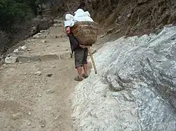 Cesta de mimbre llevada a cuestas