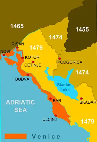 Albania Veneta en el 1479, con indicación de la conquista turca de Montenegro