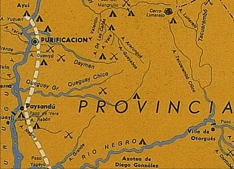 Batalla del arroyo Rabón, se marca enfrentamiento armado. Mapa semi-esquemático.