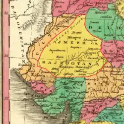 Región de Rajpootana como se muestra en el Mapa de India de Anthony Finley en 1831