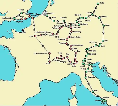 Mapa de los viajes de Shelley por Europa.